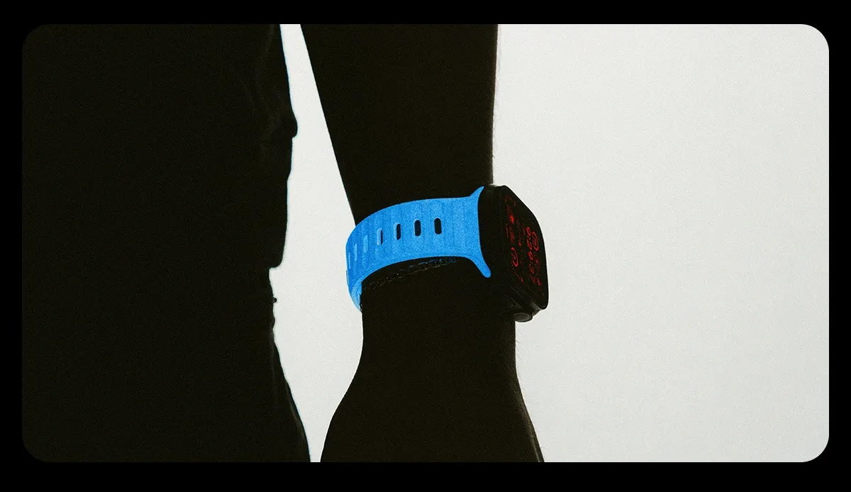 Icy Blue Glow Sport Band. Transitioning from off white color to bright blue glow in the dar.