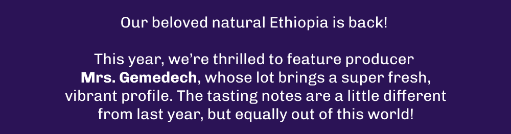 Our beloved natural Ethiopia is back! This year, we’re thrilled to feature producer  Mrs. Gemedech, whose lot brings a super fresh, vibrant profile. The tasting notes are a little different from last year, but equally out of this world!