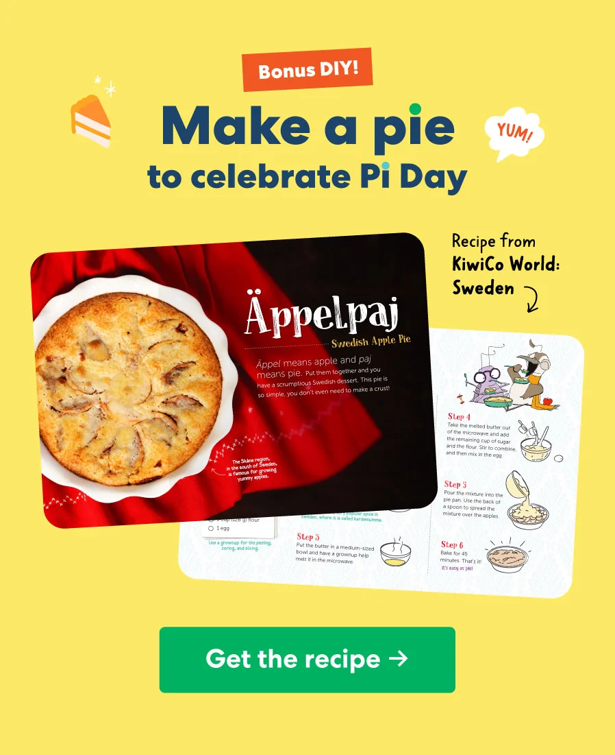 A warm, homemade apple pie with a golden crust labeled ''Äppelpaj,'' alongside a recipe card featuring fun illustrations and step-by-step instructions.