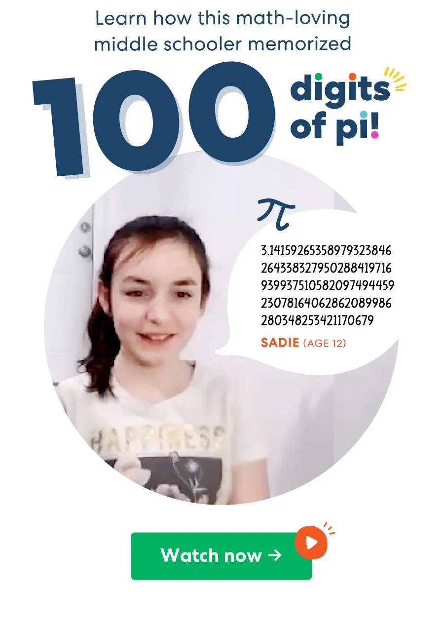 Image of a smiling middle school girl wearing a ''Happiness'' shirt, proudly showcasing her achievement of memorizing 100 digits of pi. A pi symbol and a string of pi digits float beside her.