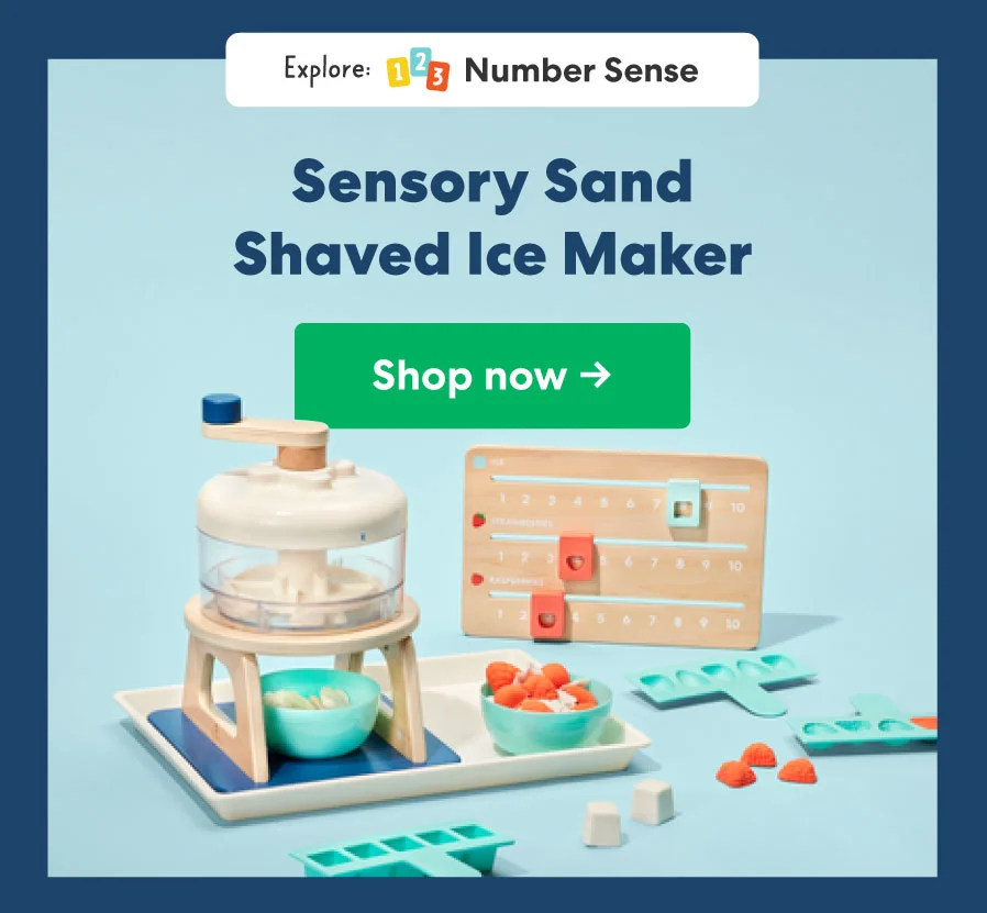 A pretend-play shaved ice maker with sand-like materials, featuring colorful toppings and toy utensils for creative play.