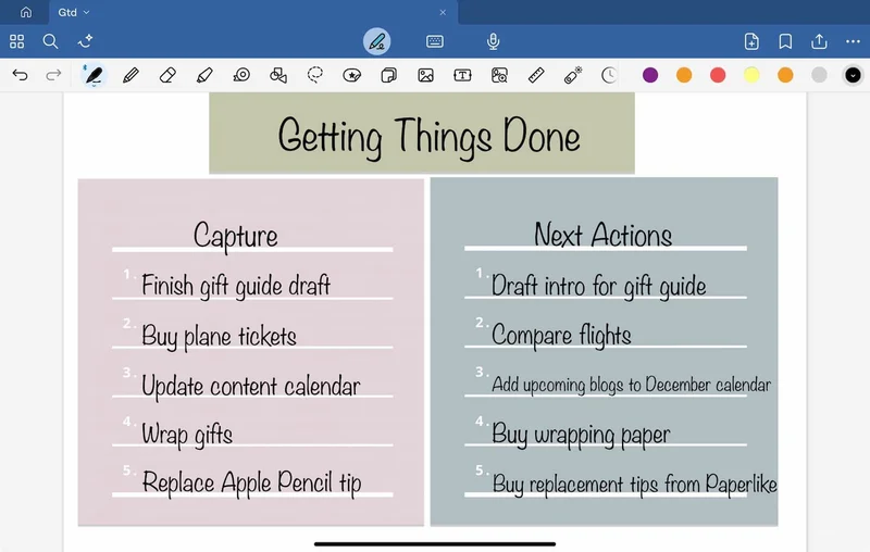 A digital page in Goodnotes showing a Getting Things Done plan with sections for capture and next actions.