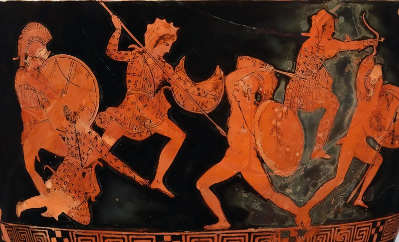 Amazons fight Greeks on a terra-cotta lekythos (oil flask) from the fifth century B.C. Amazon battle scenes, known as Amazonomachy, were popular in ancient Greek art. Metropolitan Museum, New York