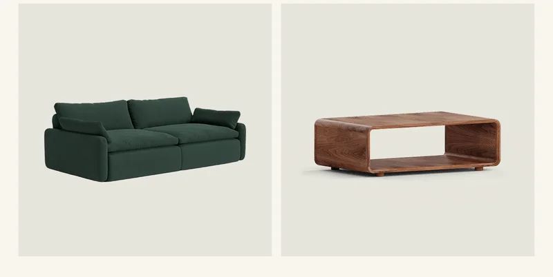 Pictured: The Sink Down Sectional in Evergreen & The Modular Table in Walnut