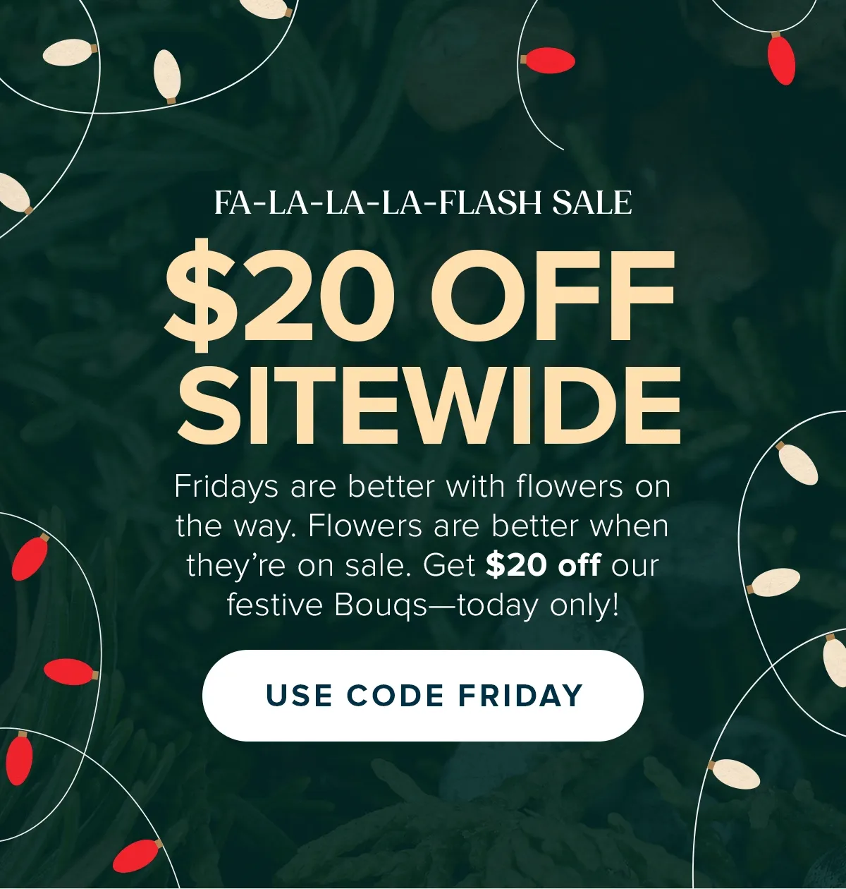 FA-LA-LA-LA-FLASH SALE - $20 Off Sitewide! Fridays are better with flowers on the way. Flowers are better when they're on sale. Get $20 off our festive Bougs—today only! Use code FRIDAY