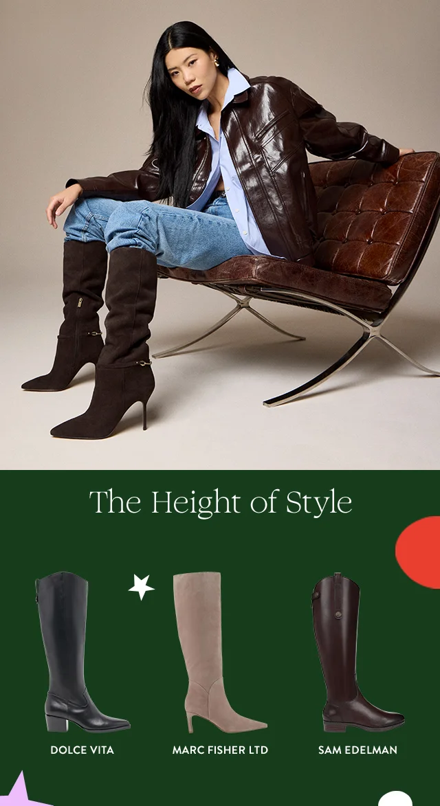 A woman wearing tall boots over jeans. Black Dolce Vita boots, beige Marc Fisher LTD boots and brown Sam Edelman boots.