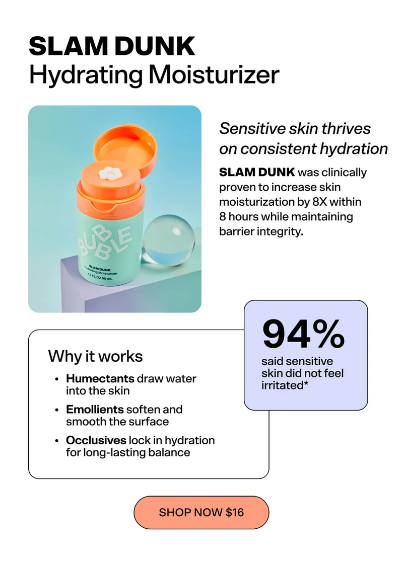 Slam Dunk – Hydrating Moisturizer  Sensitive skin thrives on consistent hydration. Slam Dunk was clinically proven to increase skin moisturization by 8X within 8 hours while maintaining barrier integrity.  Why it works: Humectants draw water into the skin Emollients soften and smooth the surface Occlusives lock in hydration for long-lasting balance  What people say: 🗣 “94% said sensitive skin did not feel irritated.”