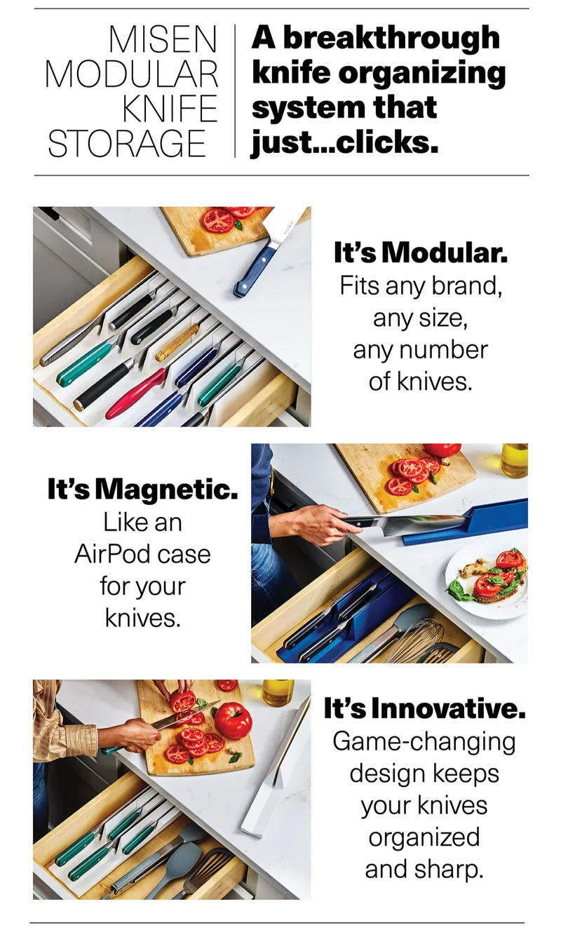 Misen Modular Knife Storage. A breakthrough knife organizing system that just...clicks. It's modular. It's magnetic. It's innovative