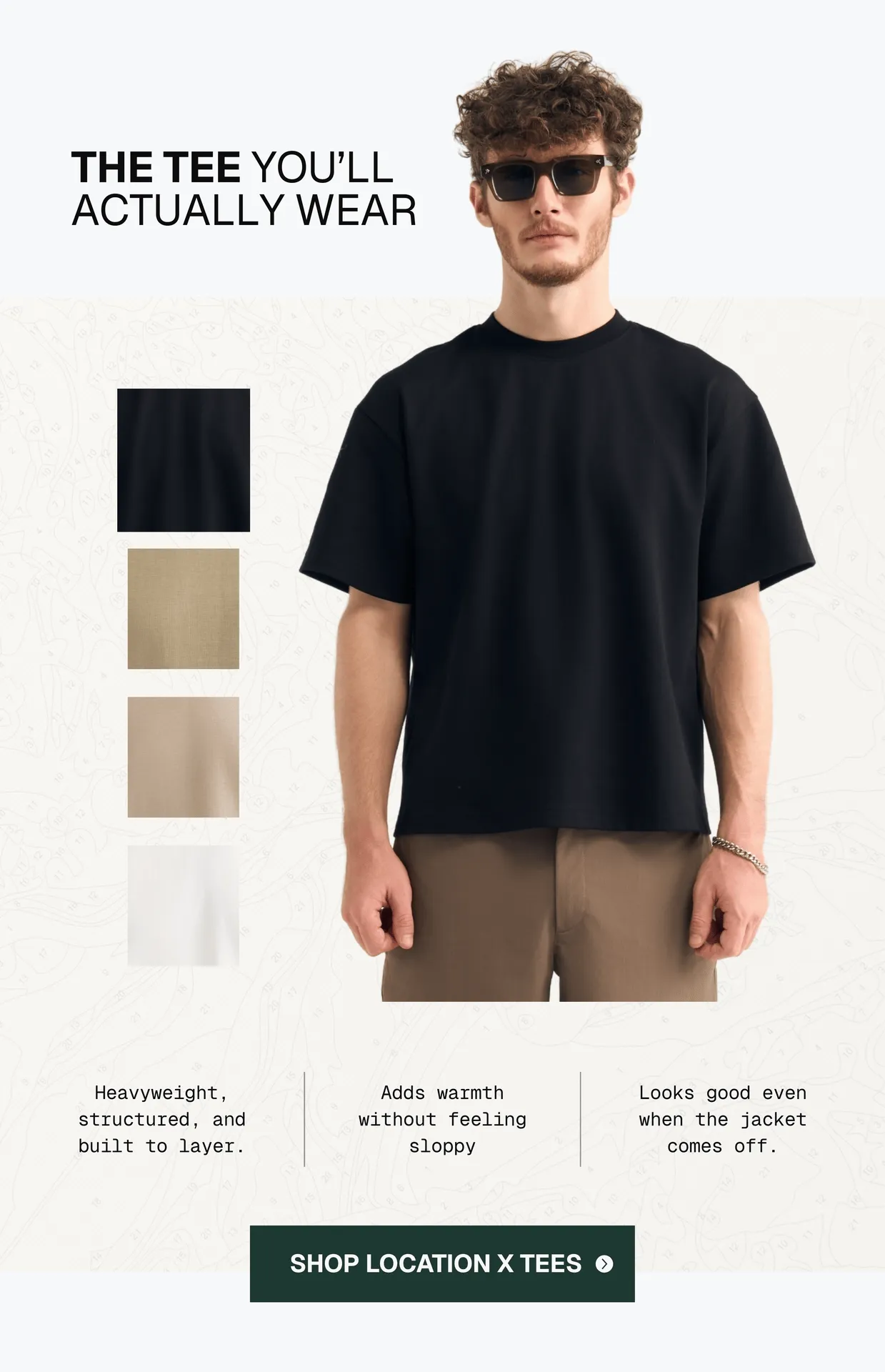 Location X Tee: Heavyweight, structured, and built to layer. The Location X Tee adds warmth without feeling sloppy—and looks good even when the jacket comes off. [Shop Location X Tees →]