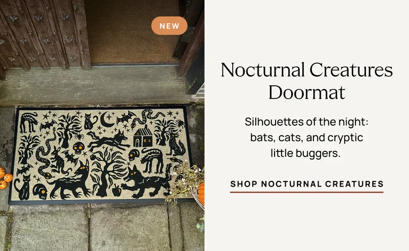 Nocturnal Creatures Doormat | Silhouettes of the night, bats, cats, and cryptic little buggers. | Shop