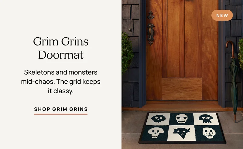 Grim Grins Doormat | Skeletons and monsters mid-chaos. The grid keeps it classy. | Shop Grim Grins
