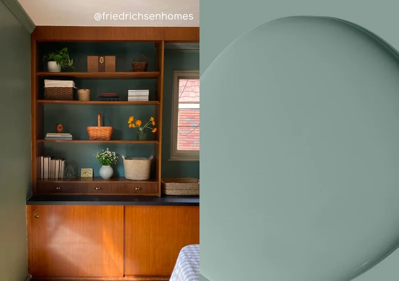 Wall behind bookcase painted in Mellow Mood