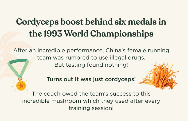 Cordyceps boost behind six medals in the 1993 World Championships - After an incredible performance, China's female running team was rumored to use illegal drugs. But testing found nothing! Turns out it was just cordyceps! The coach owed the team's success to this incredibly mushroom which they used after every training session!