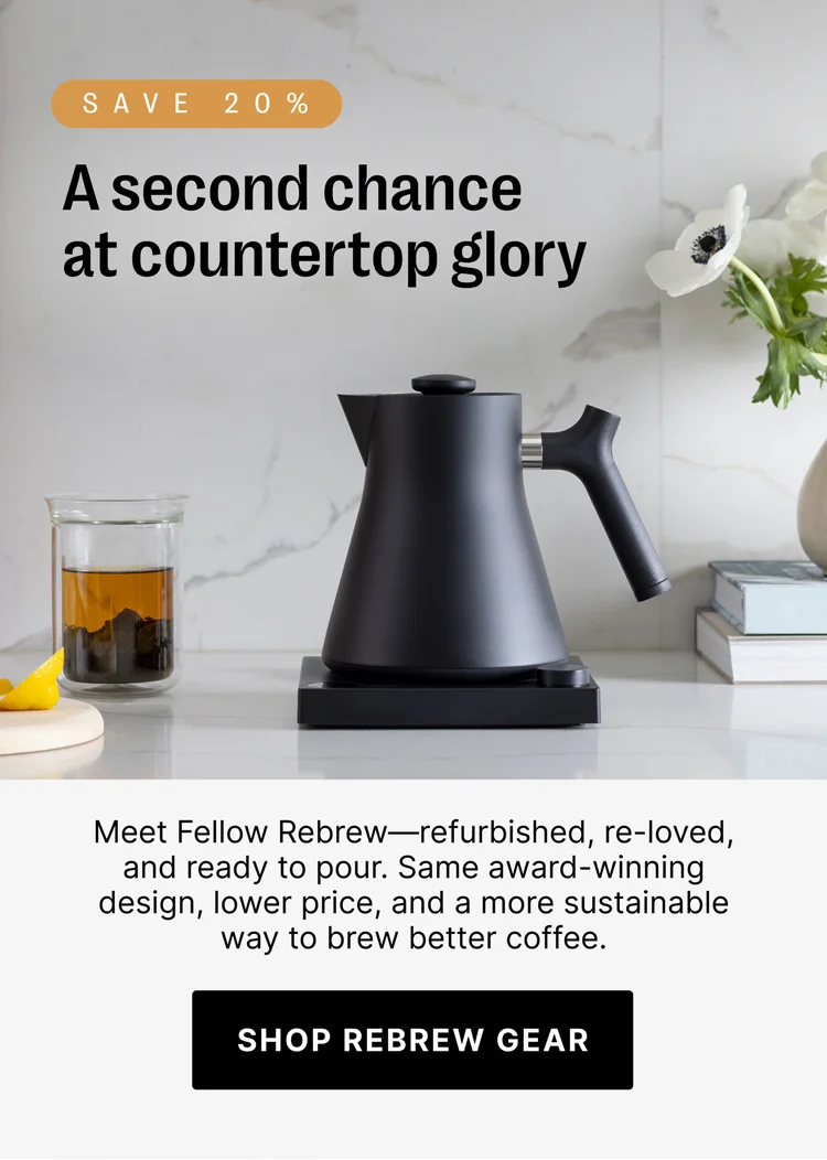 Save 20% - a second chance at countertop glory. Meet Fellow Rebrew - refurbished, re-loved, and ready to pour.