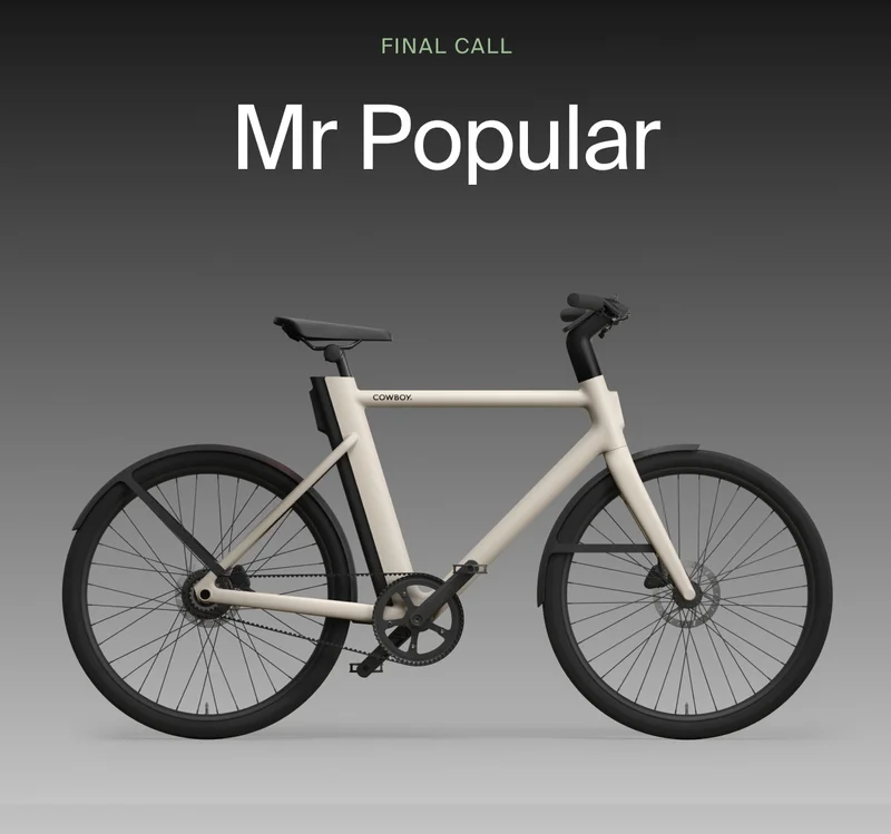 A graphic. Winter Sale Cowboy promotion with a rendered e-bike offering €1000 off. Available on top-spec models.