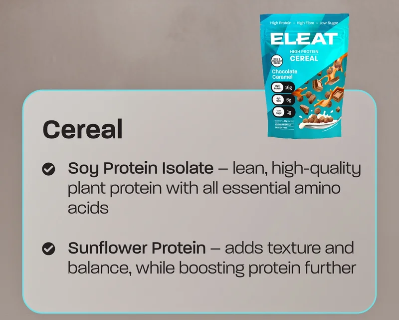 Cereal. - Soy Protein Isolate – lean, high-quality plant protein with all essential amino acids - Sunflower Protein – adds texture and balance, while boosting protein further