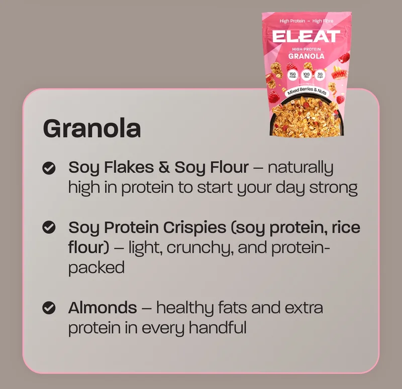 Granola. - Soy Flakes & Soy Flour – naturally high in protein to start your day strong - Soy Protein Crispies (soy protein, rice flour) – light, crunchy, and protein-packed - Almonds – healthy fats and extra protein in every handful