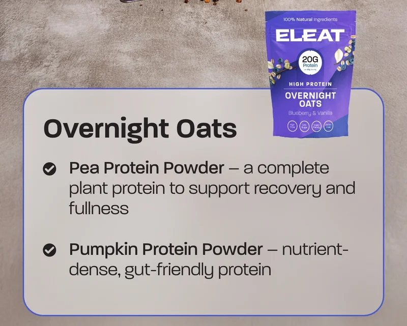 Overnight Oats. - Pea Protein Powder – a complete plant protein to support recovery and fullness - Pumpkin Protein Powder – nutrient-dense, gut-friendly protein