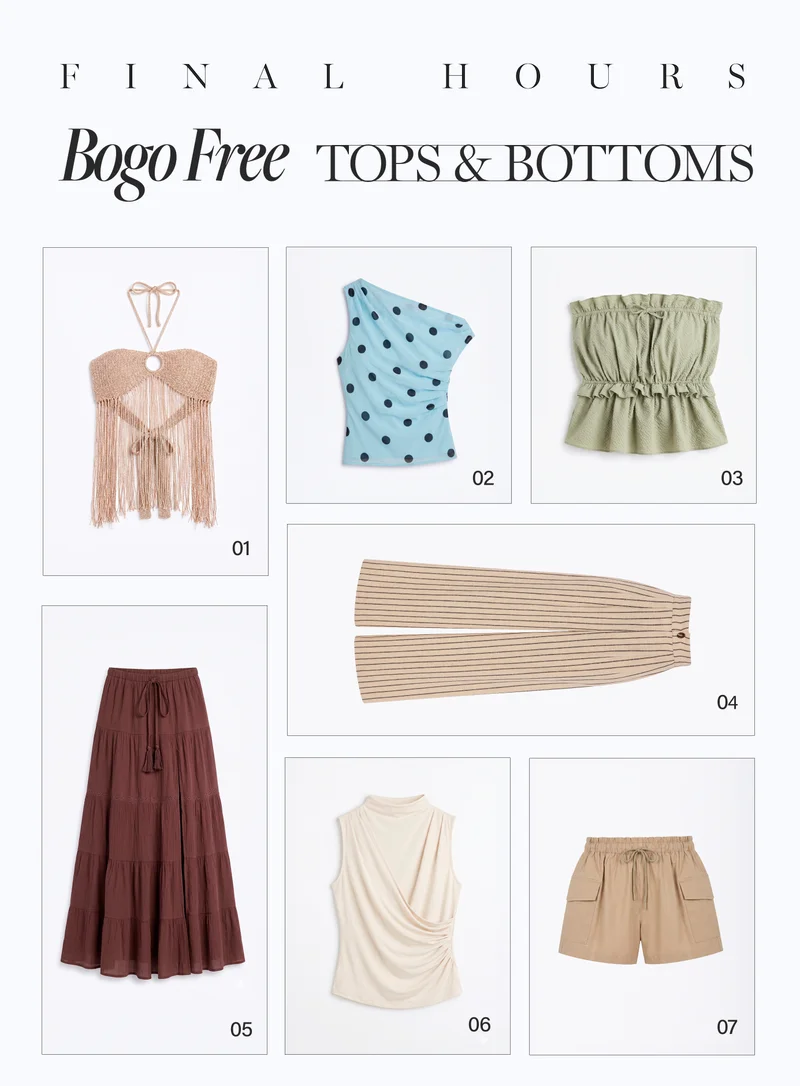 Final Hours BOGO Free Tops & Bottoms sale. Shop women's knit, polka dot, ruffled, draped tops; striped pants, tiered skirt, cargo shorts.