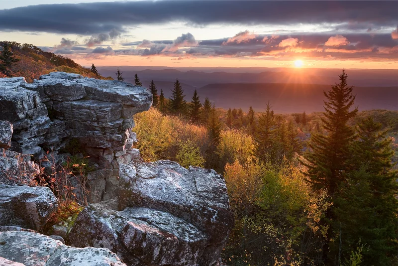 Photograph of a sunrise from Bear Rocks in West Virginia in October.