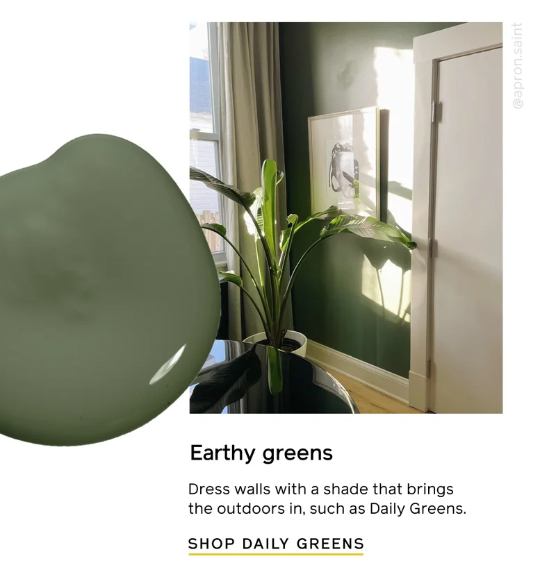 Earthy greens. Dress walls with a shade that brings the outdoors in, such as Daily Greens. SHOP DAILY GREENS