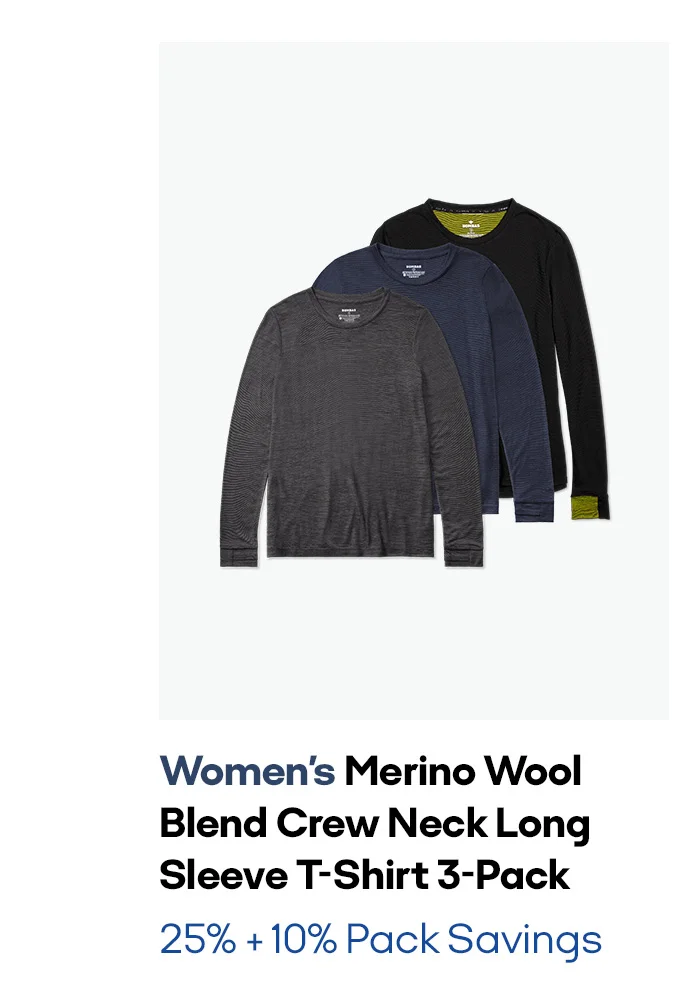 Women's Merino Wool Blend Crew Neck Long Sleeve T-Shirt 3-Pack