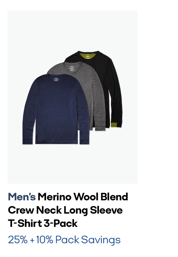 Men's Merino Wool Blend Crew Neck Long Sleeve T-Shirt 3-Pack