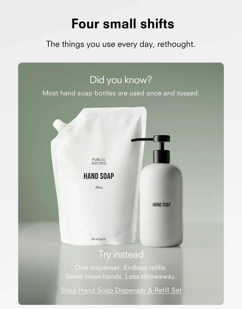 Did you know? Most hand soap bottles are used once and tossed. Try instead One dispenser. Endless refills. Same clean hands. Less throwaway.  Shop Hand Soap Dispenser & Refill Set