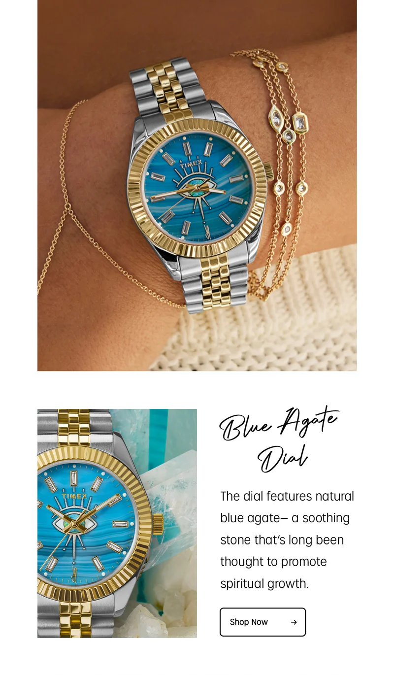 Blue Agate Dial | The dial features natural blue agate- a soothing stone thats long been thought to promote spiritual growth. | Shop Now