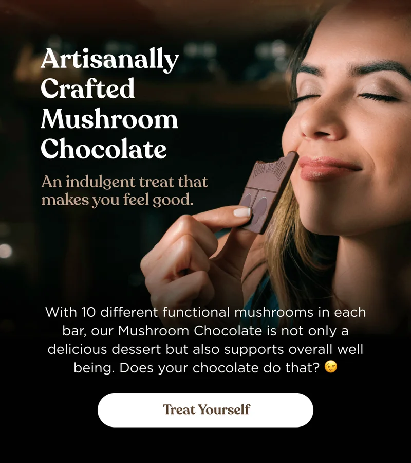 Artisanally Crafted Mushroom Chocolate | An indulgent treat that makes you feel good. | With 10 different functional mushrooms in each bar, our Mushroom Chocolate is not only a delicious dessert but also supports overall well being. Does your chocolate do that? | Treat yourself