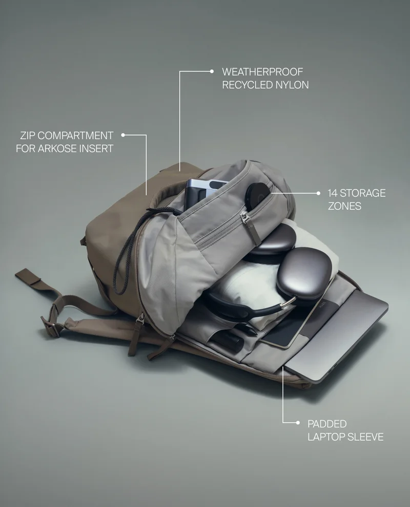 Zip compartment for Arkose Insert, Weatherproof recycled nylon, 14 storage zones, padded laptop sleeve
