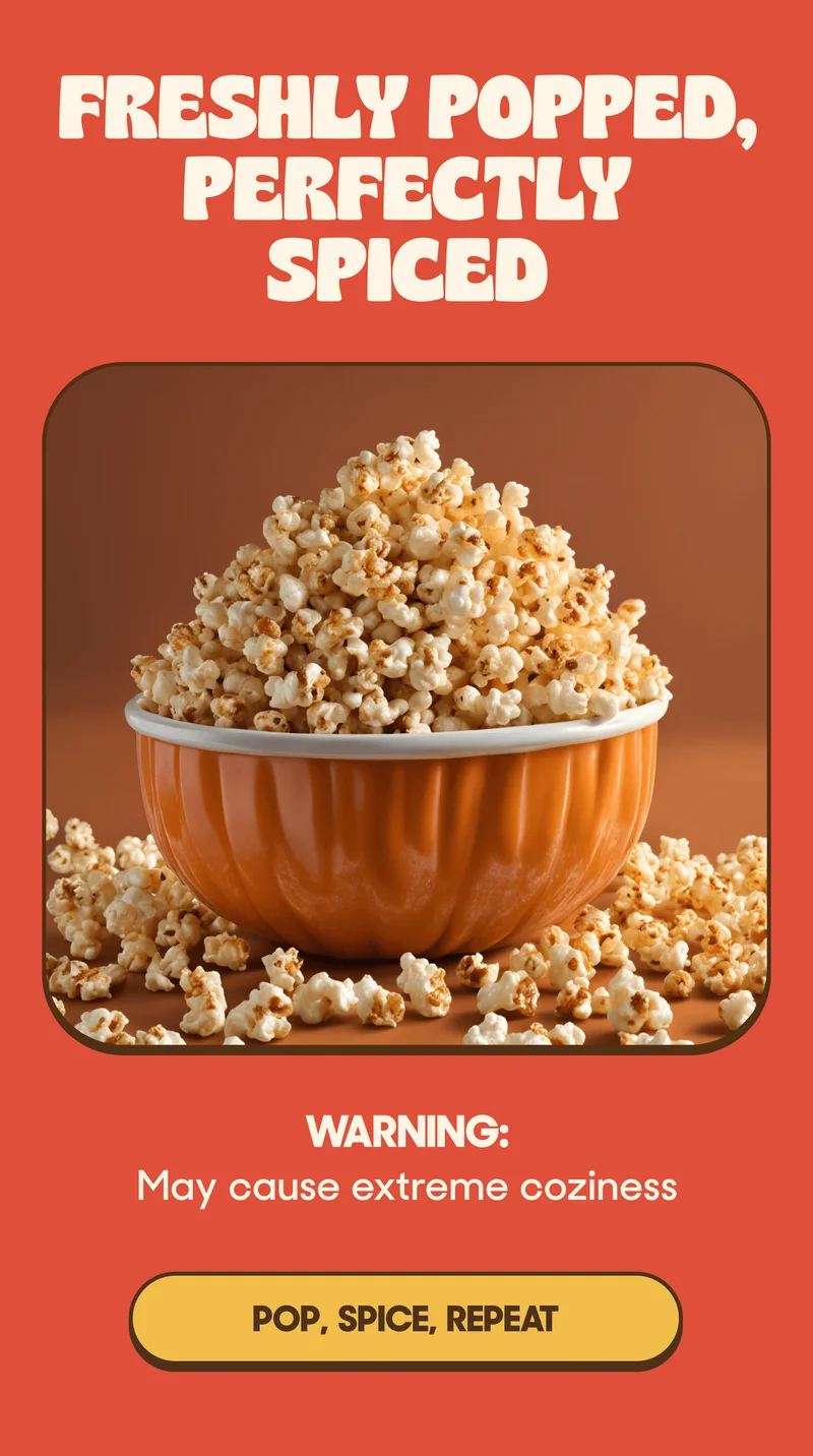 FRESHLY POPPED PERFECTLY SPICED WARNING: May cause extreme coziness POP, SPICE, REPEAT