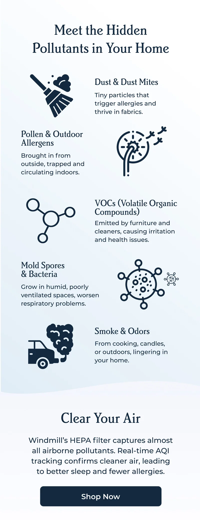 Meet the Hidden Pollutants in Your Home | Dust & Dust Mites, Pollen & Outdoor Allergens, VOCs (Volatile Organic Compounds), Mold Spores & Bacteria&nbsp;, Smoke & Odors
