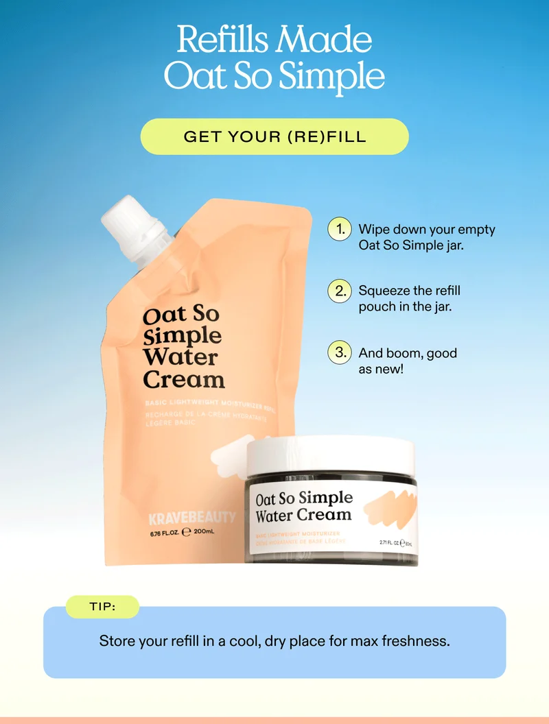 Refills Made Oat So Simple - Get your (re)fill! 1) Wipe down your empty Oat So Simple jar. 2) Squeeze the refill pouch in the jar. 3) And boom, good as new! TIP: Store your refill in a cool, dry place for max freshjness.