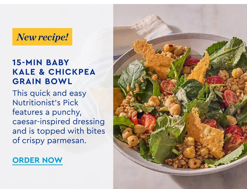 New Recipe! 15Min Baby Kale & Chickpea Grain Bowl - This quick and easy nutritionist pick features a punchy caesar inspired dressing and is topped with bites of crispy parmeasan. | ORDER NOW