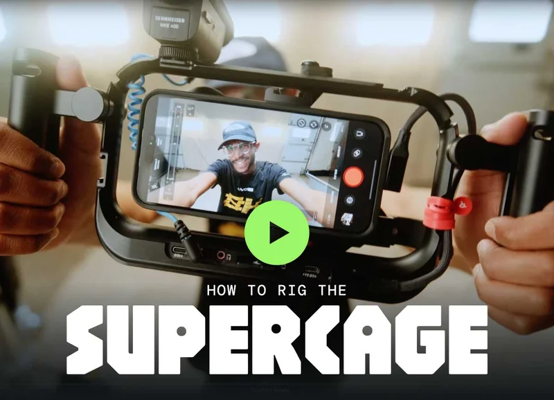 Image of the new Supercage from Moment in the hands of Joshua from Cinedailies with a playbutton. Text reads - How to rig the SuperCage