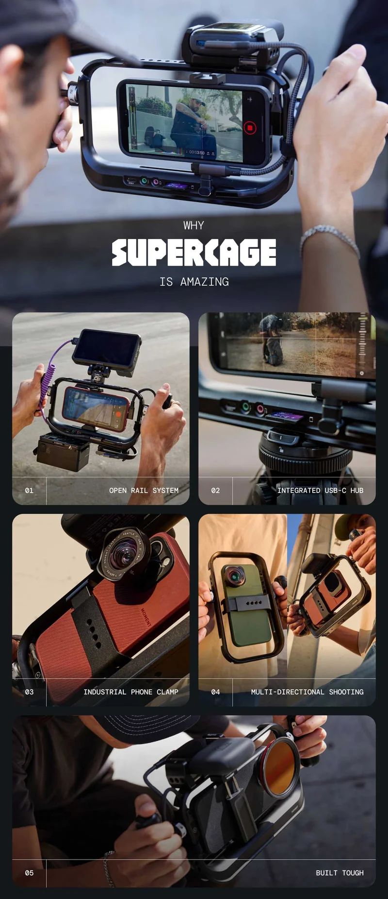 Image of various supercage features - Open rail system, integrated usb-c hub, industrial phone clamp, multidirecional shooting, built tough. Why SuperCage is Amazing.