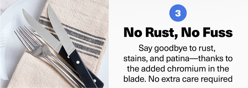 No Rust, No Fuss Say goodbye to rust, stains, and patina—thanks to the added chromium in the blade. No extra care required