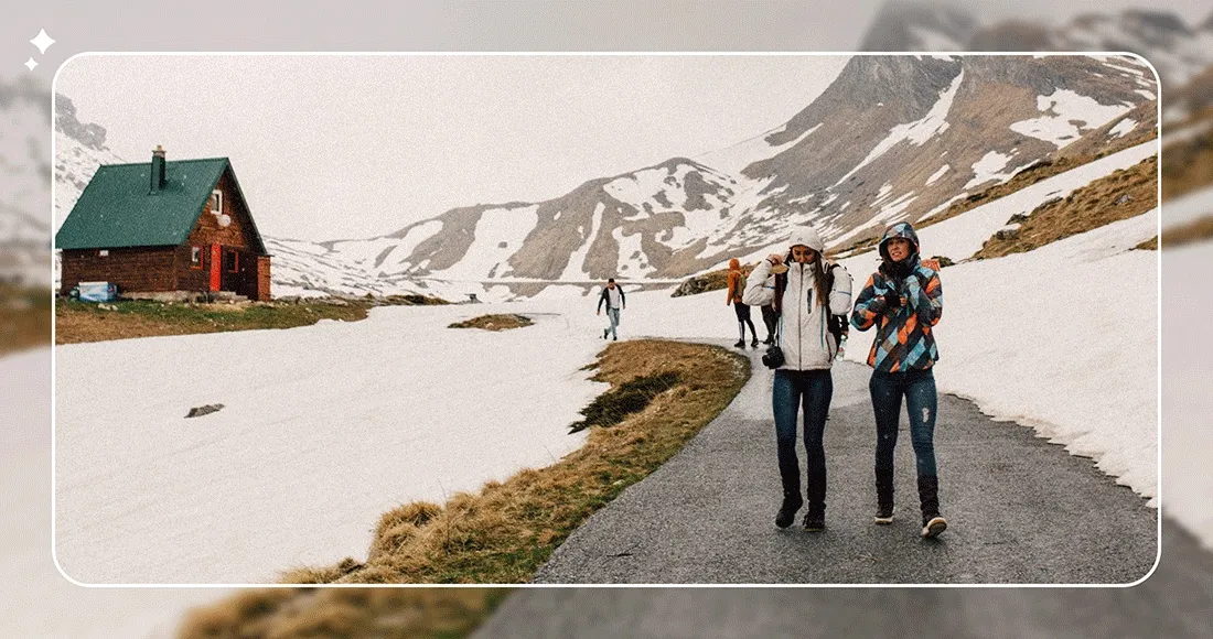 Image Description: Four people walking down a snowy road. A red cabin and snow-capped mountains are in the background. Two people sitting on a ski lift with snowy mountains in the background. Four people standing on surfboards on the sand learning how to surf.