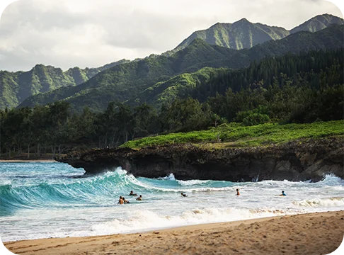 Image Description: Waves breaking on a beach with green cliffs in the background.