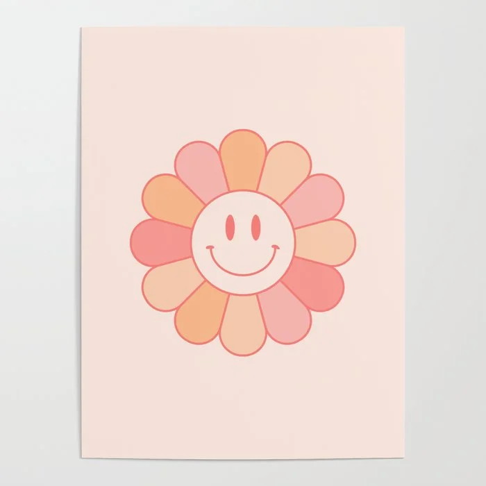 Boho Smiley Face Flower Neutral Earthy Aesthetic Poster Poster