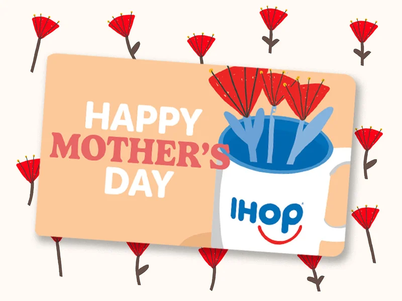 An illustrated IHOP Gift Card that reads Happy Mother’s Day with flowers in an IHOP mug is set against a background with illustrated small flowers