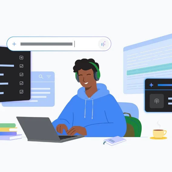 an illustration of a student wearing headphones and working on a laptop while smiling