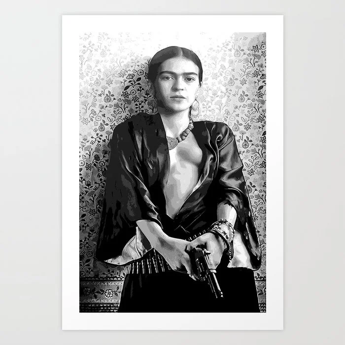 Frida with a Gun, Black and White, Vintage Wall Art Art Print Art Print