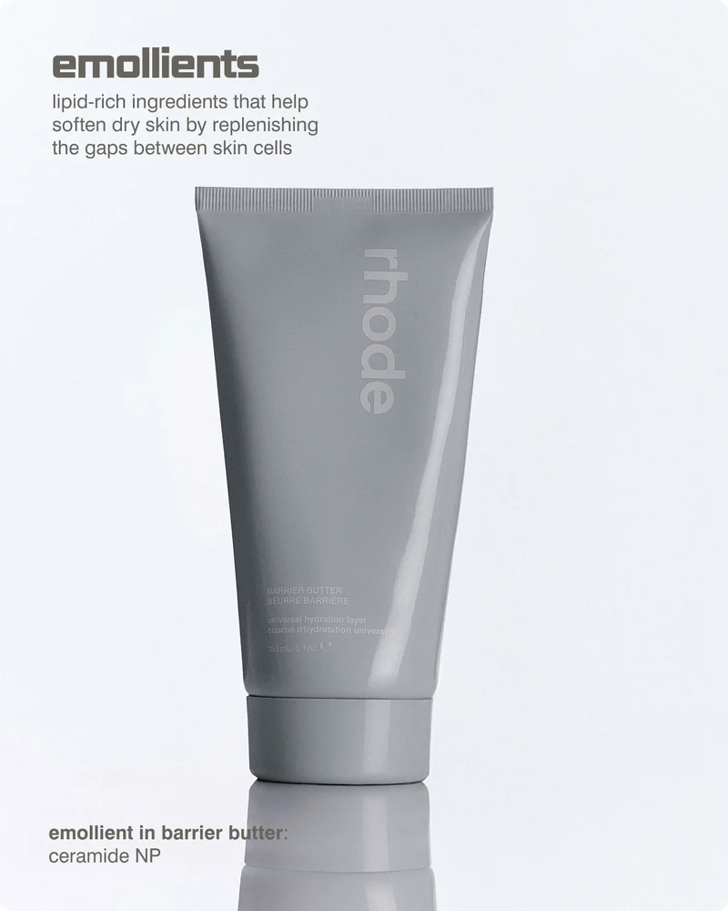 emollients: lipid-rich ingredients that help soften dry skin by replenishing the gaps between skin cells