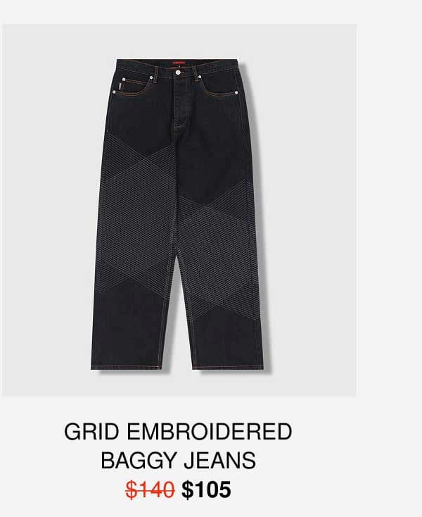 GRID EMBROIDERED BAGGY JEANS
