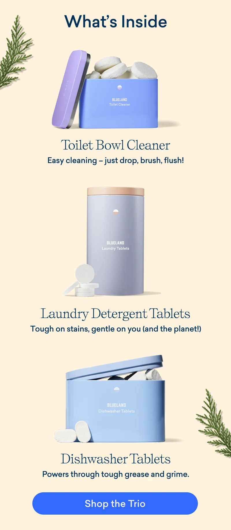 What's Inside: Toilet Bowl Cleaner, Laundry Detergent Tablets, Dishwasher Tablets
