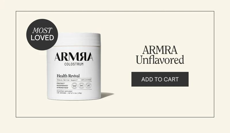 ARMRA Colostrum Health Revival jar labeled “Most Loved” with text “ARMRA Unflavored” and “Add to Cart” button.