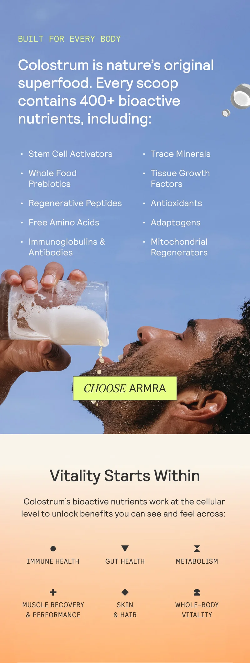 Person drinking from a glass with splashes of liquid and text explaining Colostrum’s 400+ bioactive nutrients supporting immune, gut, and whole-body health.