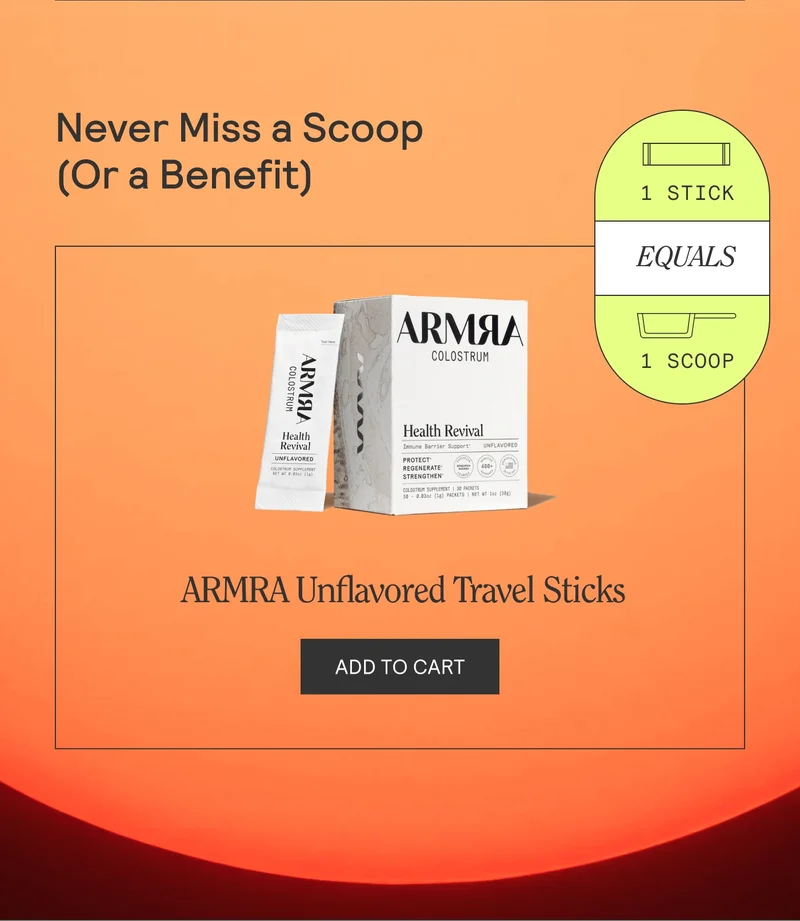 ARMRA Colostrum Health Revival travel stick and box with text “Never Miss a Scoop (Or a Benefit)” and “Add to Cart” button.